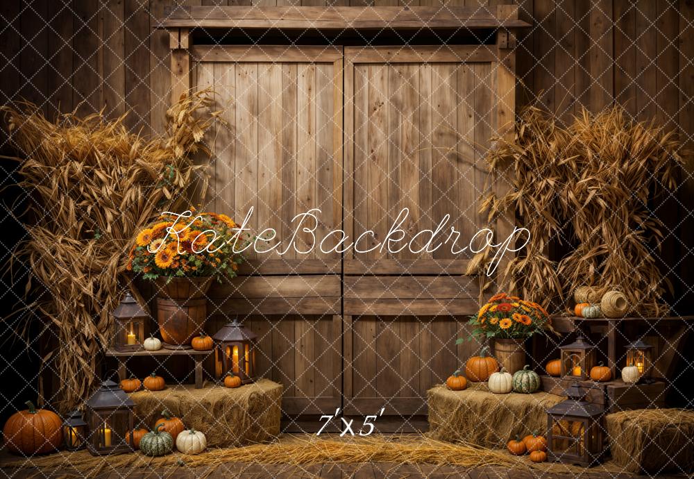 On Sale Kate Autumn Dark Brown Wooden Barn Door Pumpkin Backdrop Designed by Emetselch -UK