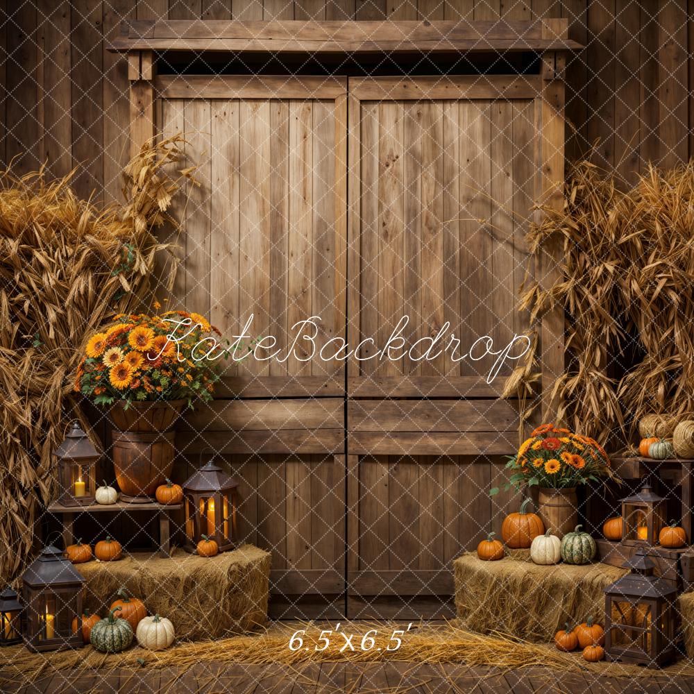 On Sale Kate Autumn Dark Brown Wooden Barn Door Pumpkin Backdrop Designed by Emetselch -UK