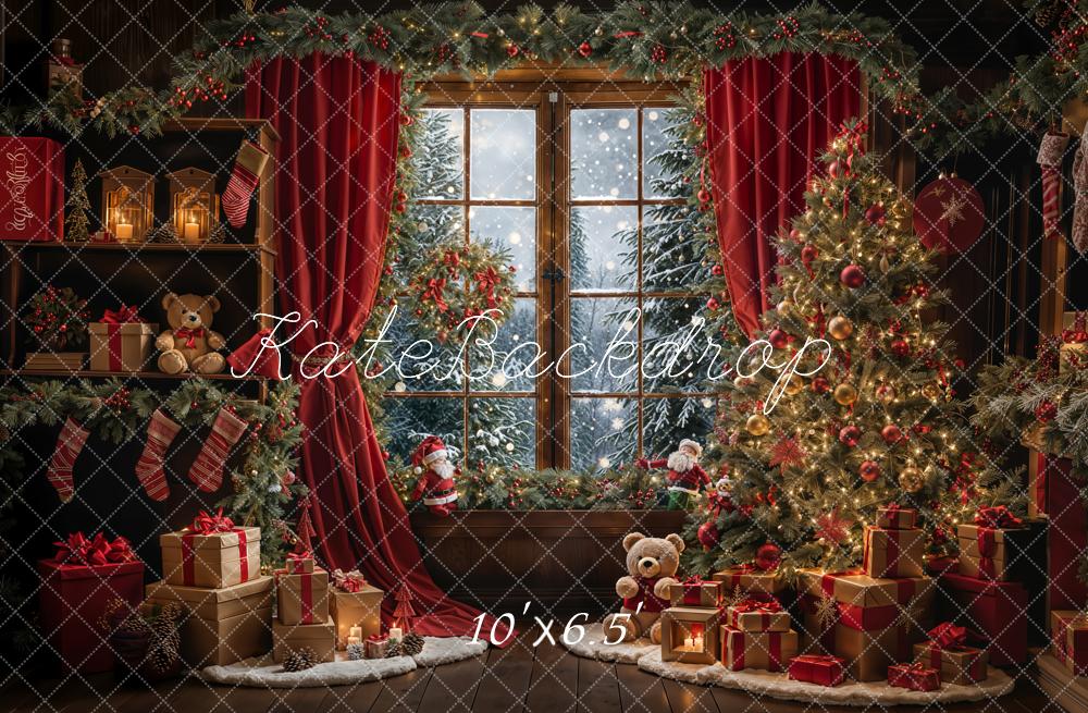 Kate Christmas Teddy Bear Red Curtain Window Backdrop Designed by Emetselch -UK
