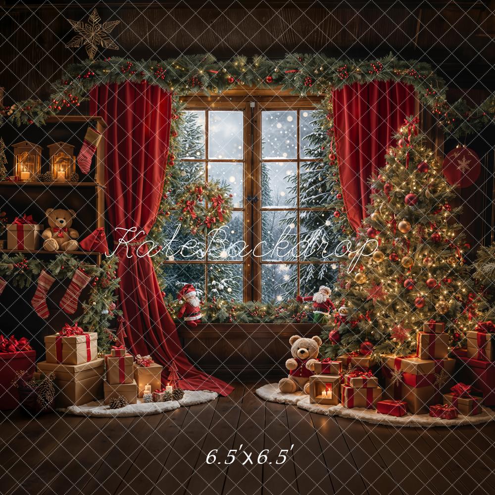 Kate Christmas Teddy Bear Red Curtain Window Backdrop Designed by Emetselch -UK