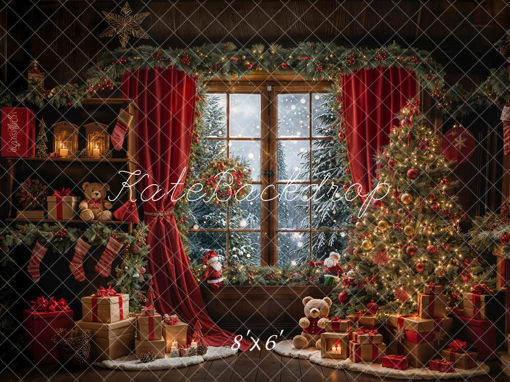 Kate Christmas Teddy Bear Red Curtain Window Backdrop Designed by Emetselch -UK
