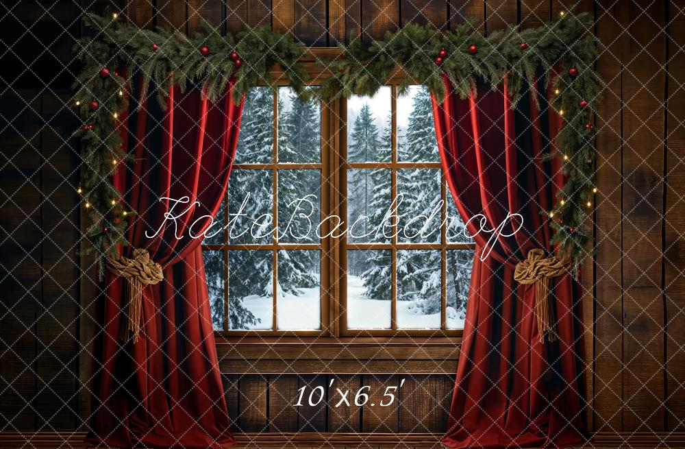 Kate Winter Christmas Red Curtain Window Backdrop Designed by Emetselch -UK