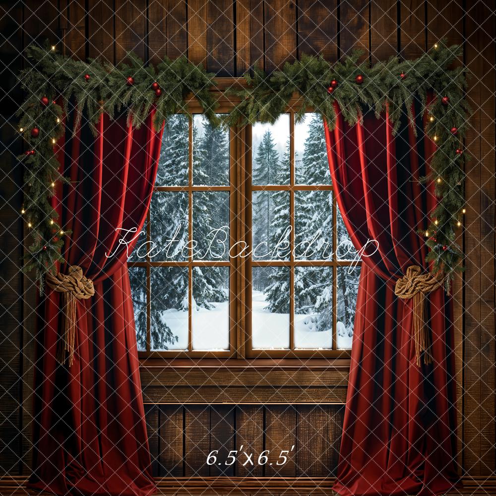Kate Winter Christmas Red Curtain Window Backdrop Designed by Emetselch -UK