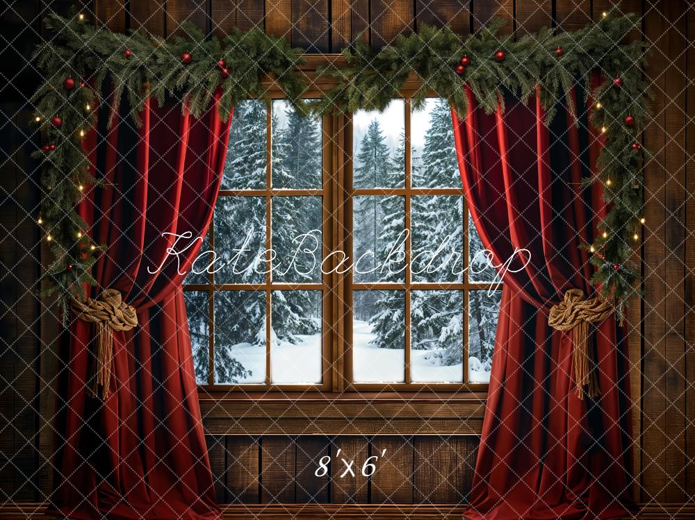 Kate Winter Christmas Red Curtain Window Backdrop Designed by Emetselch -UK