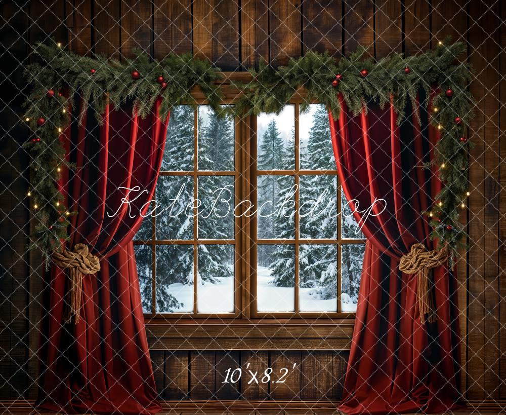Kate Winter Christmas Red Curtain Window Backdrop Designed by Emetselch -UK
