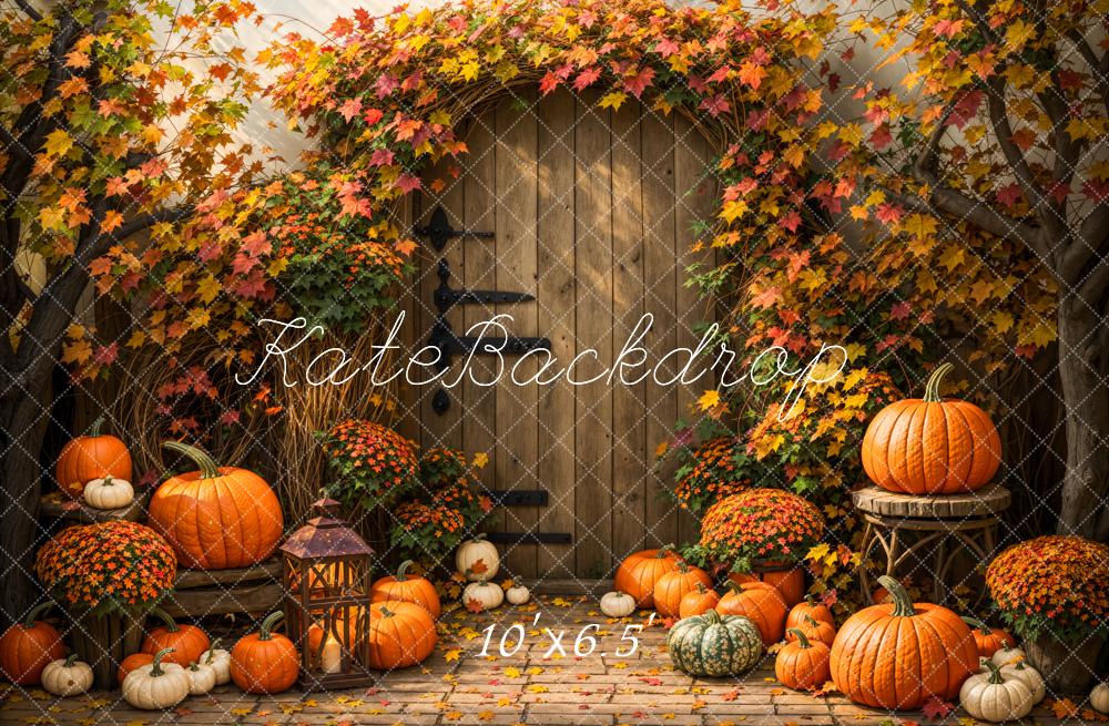 Kate Autumn Maple Leaf Pumpkin Wooden Door Backdrop Designed by Emetselch -UK
