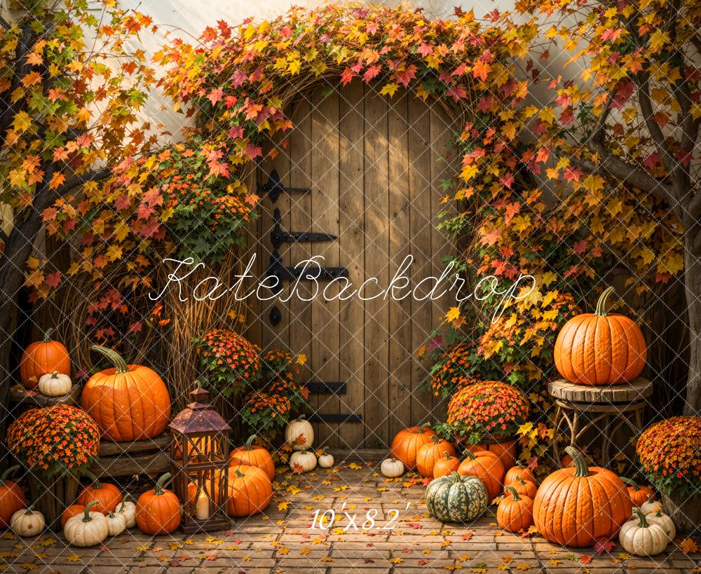 Kate Autumn Maple Leaf Pumpkin Wooden Door Backdrop Designed by Emetselch -UK