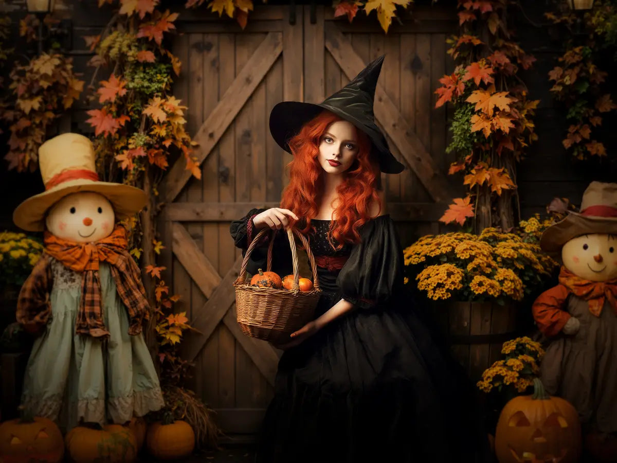 Kate Halloween Pumpkin Scarecrow Barn Door Backdrop Designed by Emetselch -UK