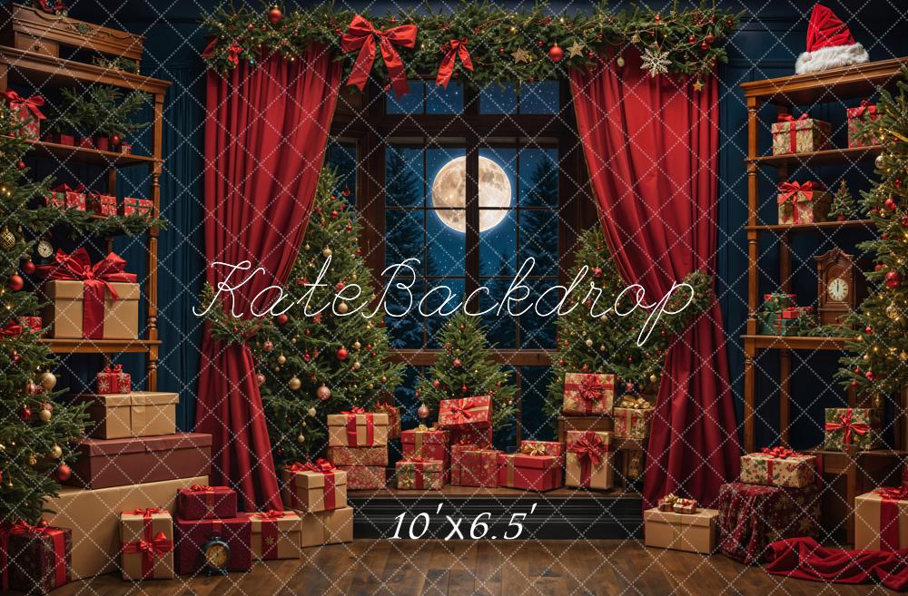 Kate Christmas Night Red Curtain Window Backdrop Designed by Emetselch -UK