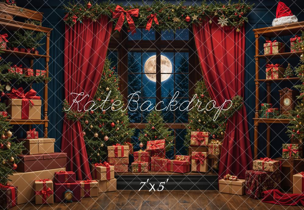 Kate Christmas Night Red Curtain Window Backdrop Designed by Emetselch -UK