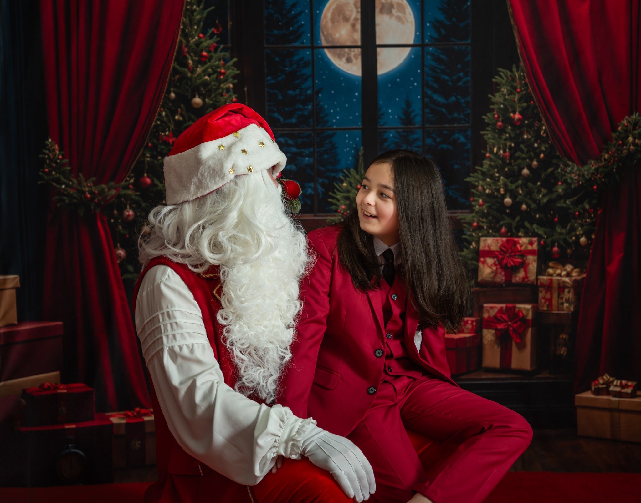 Kate Christmas Night Red Curtain Window Backdrop Designed by Emetselch