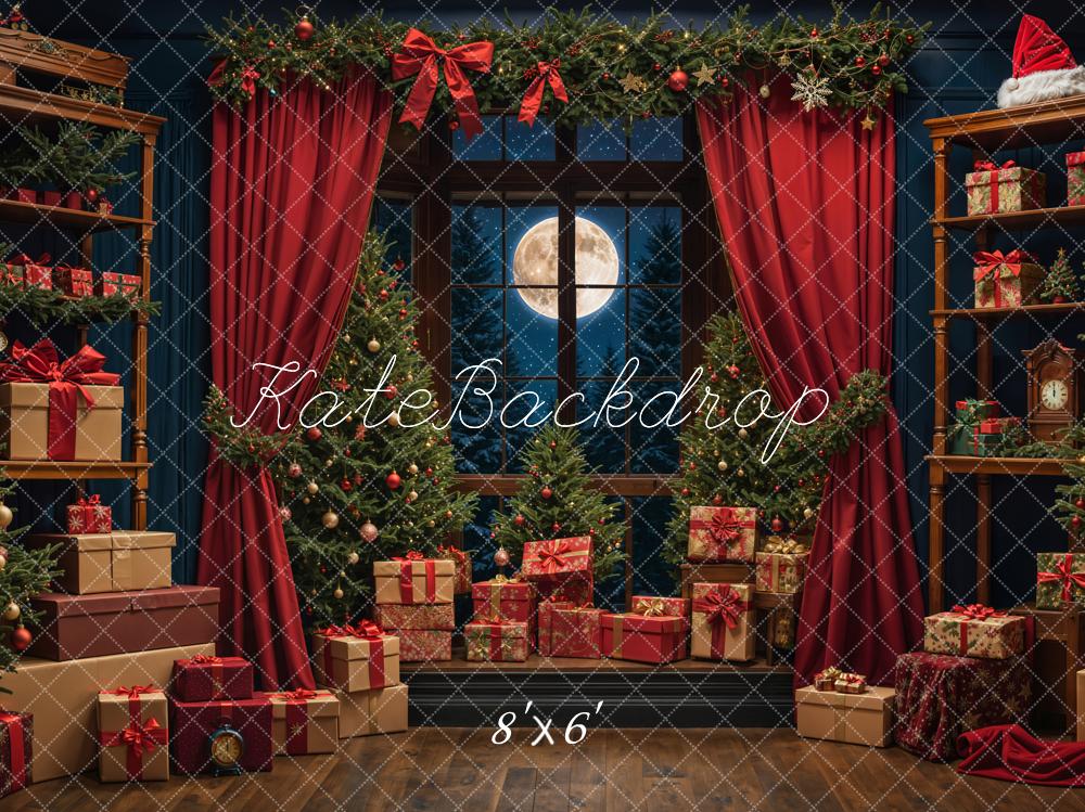 Kate Christmas Night Red Curtain Window Backdrop Designed by Emetselch -UK