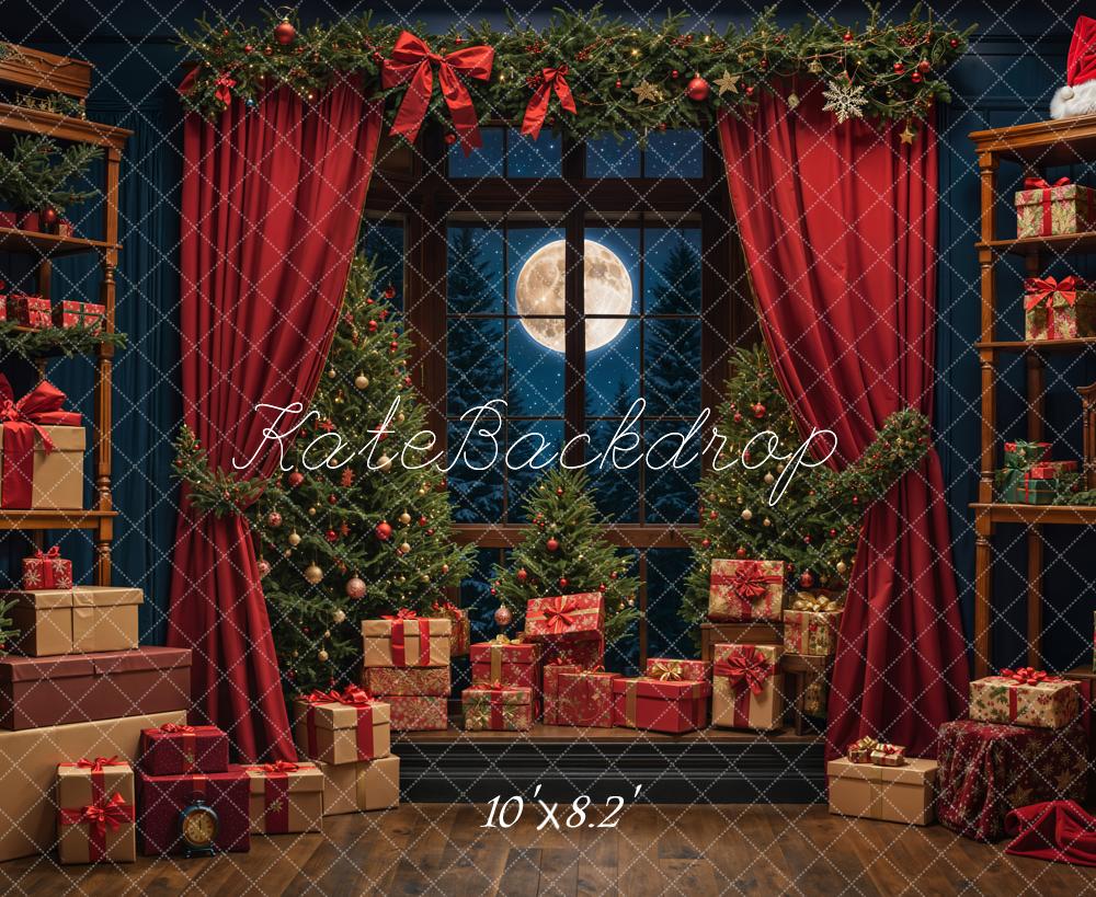 Kate Christmas Night Red Curtain Window Backdrop Designed by Emetselch -UK