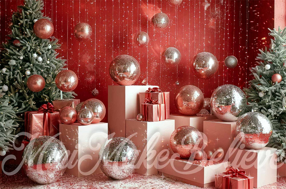 Lightning Deals Kate Christmas Disco Silver Ball Red Wall Backdrop Designed by Mini MakeBelieve -UK