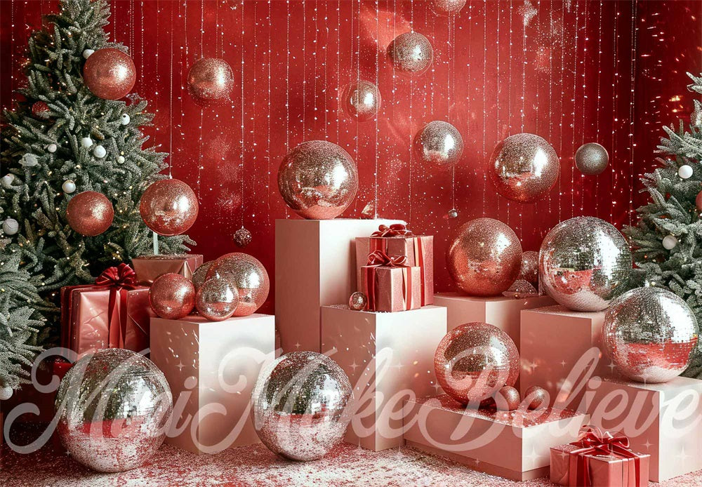 Lightning Deals Kate Christmas Disco Silver Ball Red Wall Backdrop Designed by Mini MakeBelieve -UK