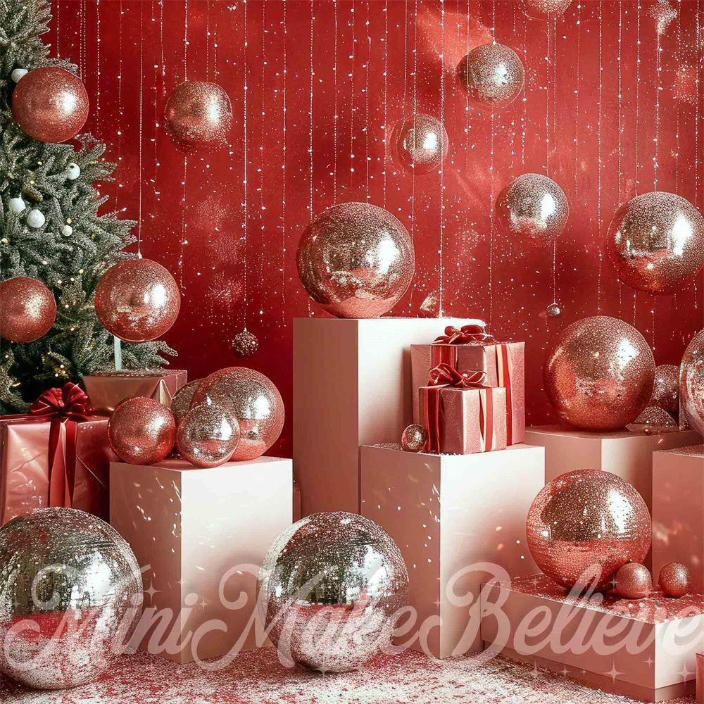Lightning Deals Kate Christmas Disco Silver Ball Red Wall Backdrop Designed by Mini MakeBelieve -UK