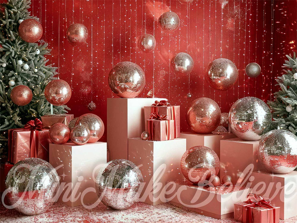 Lightning Deals Kate Christmas Disco Silver Ball Red Wall Backdrop Designed by Mini MakeBelieve -UK