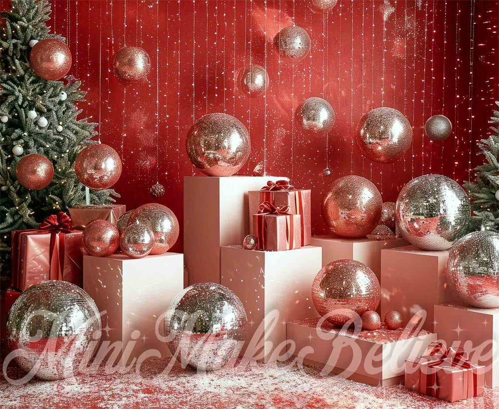 Lightning Deals Kate Christmas Disco Silver Ball Red Wall Backdrop Designed by Mini MakeBelieve -UK