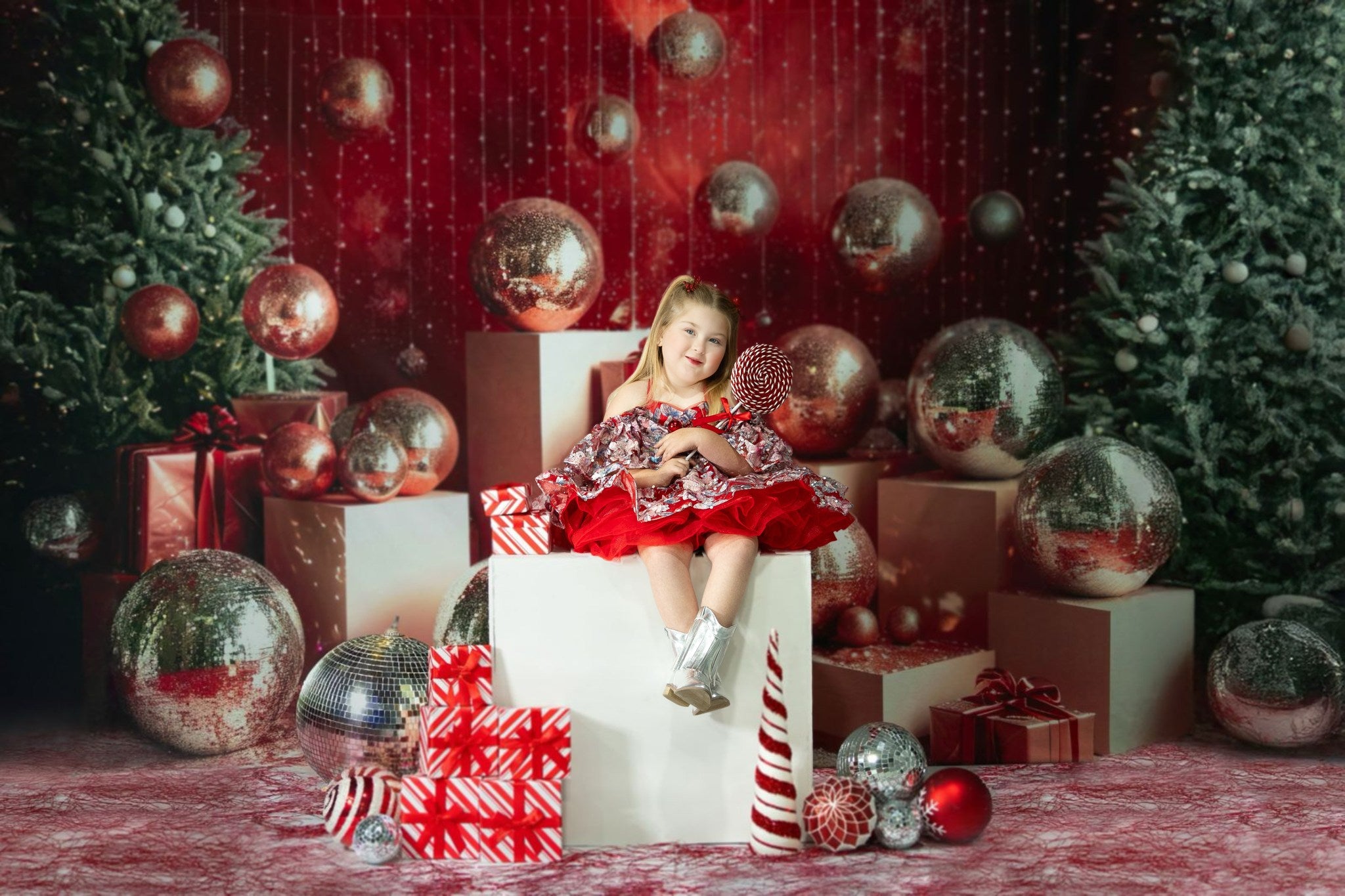Lightning Deals Kate Christmas Disco Silver Ball Red Wall Backdrop Designed by Mini MakeBelieve -UK