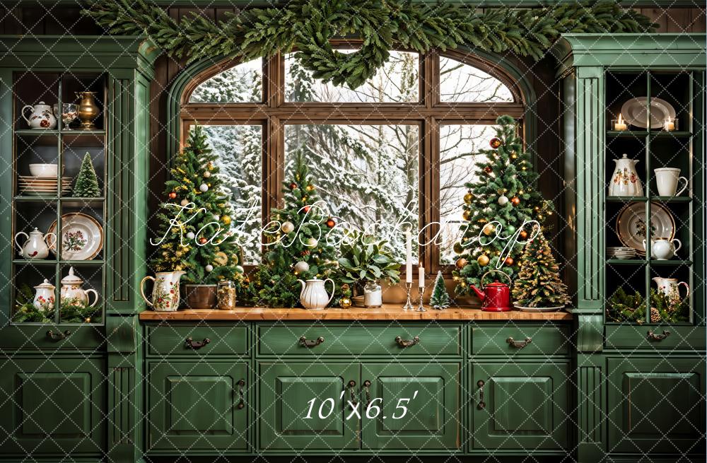 Kate Dark Green Retro Christmas Kitchen Backdrop Designed by Emetselch
