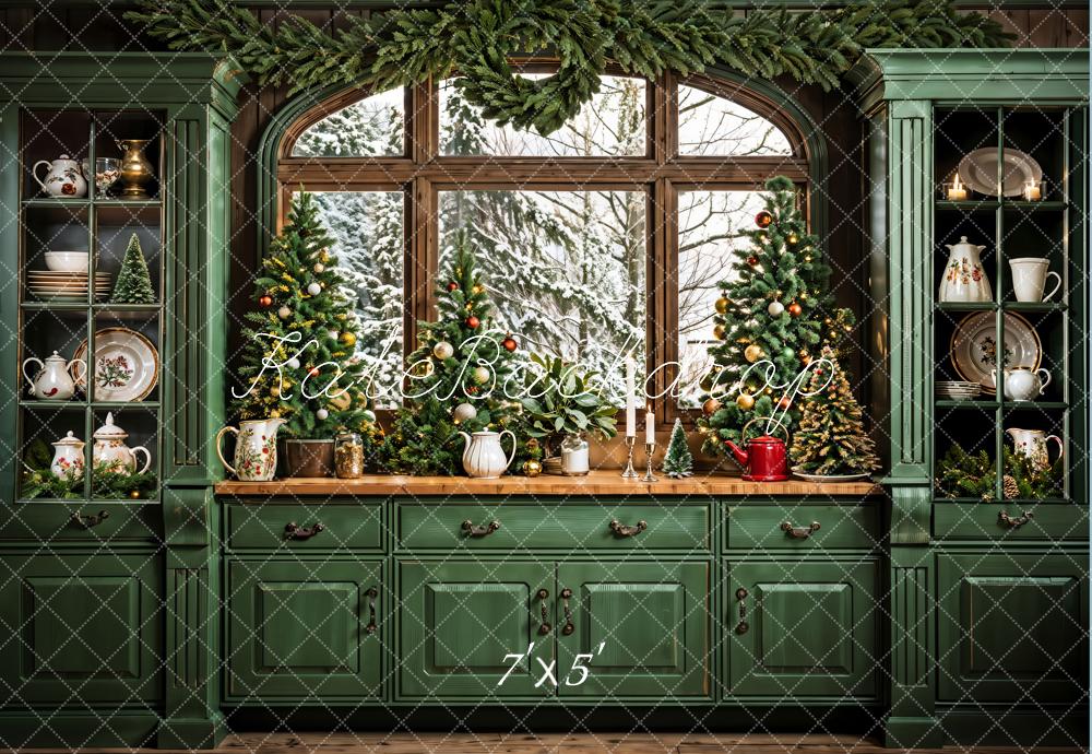 Kate Dark Green Retro Christmas Kitchen Backdrop Designed by Emetselch