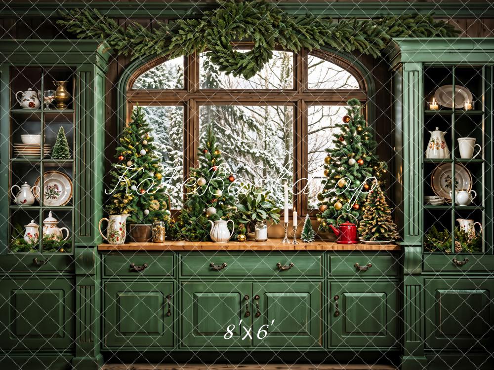Kate Dark Green Retro Christmas Kitchen Backdrop Designed by Emetselch