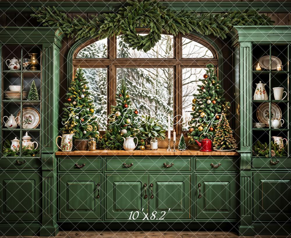 Kate Dark Green Retro Christmas Kitchen Backdrop Designed by Emetselch