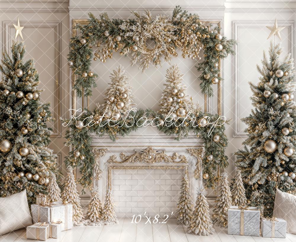 Kate Christmas White Vintage Brick Fireplace Backdrop Designed by Emetselch -UK