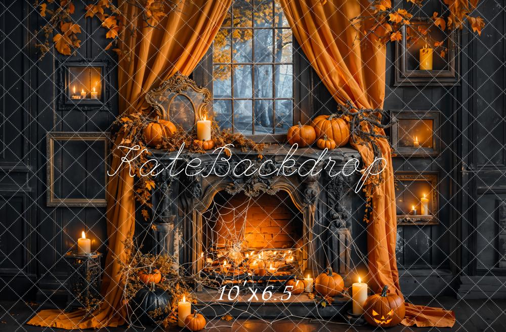Kate Halloween Pumpkin Curtain Black Fireplace Backdrop Designed by Emetselch -UK