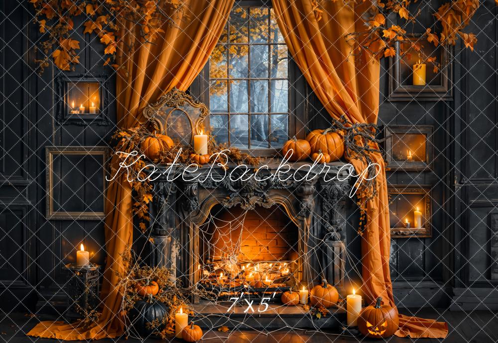 Kate Halloween Pumpkin Curtain Black Fireplace Backdrop Designed by Emetselch -UK
