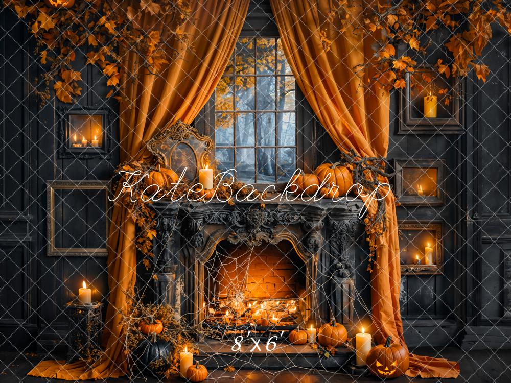Kate Halloween Pumpkin Curtain Black Fireplace Backdrop Designed by Emetselch -UK