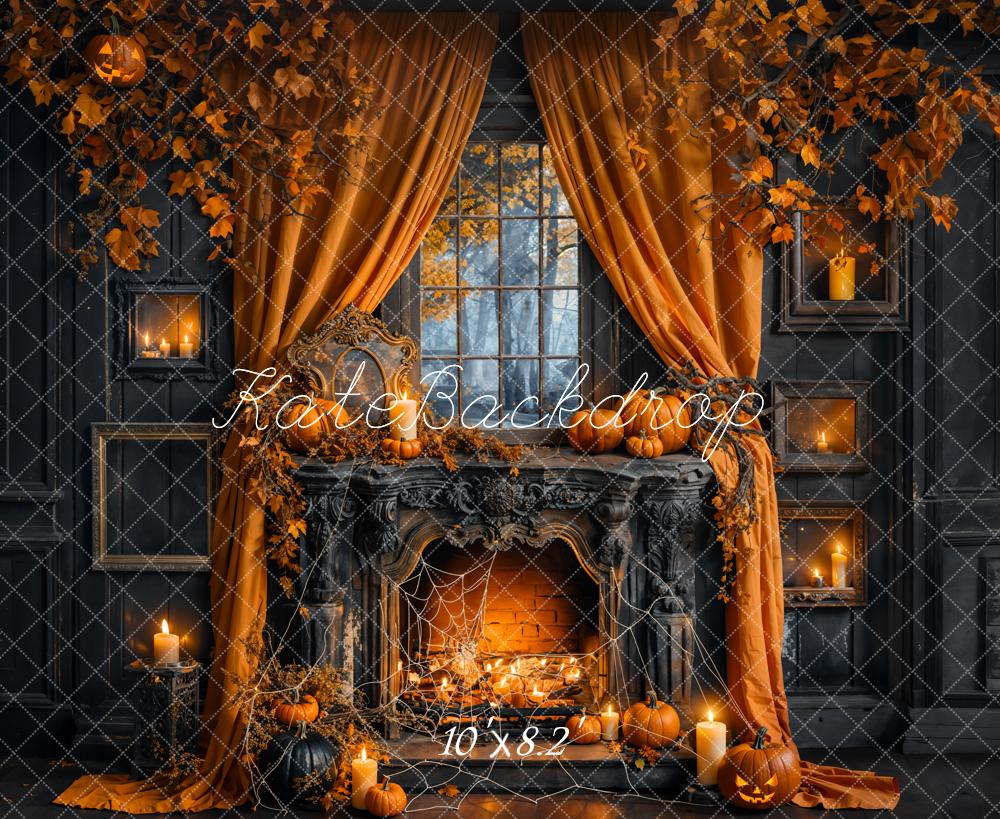 Kate Halloween Pumpkin Curtain Black Fireplace Backdrop Designed by Emetselch -UK