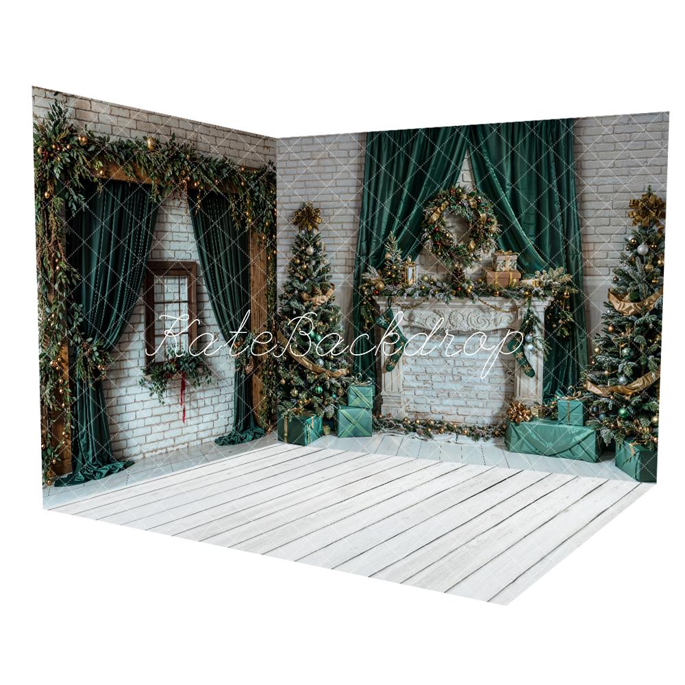 Kate Christmas Green Curtain Brown Window White Brick Wall Room Set -UK
