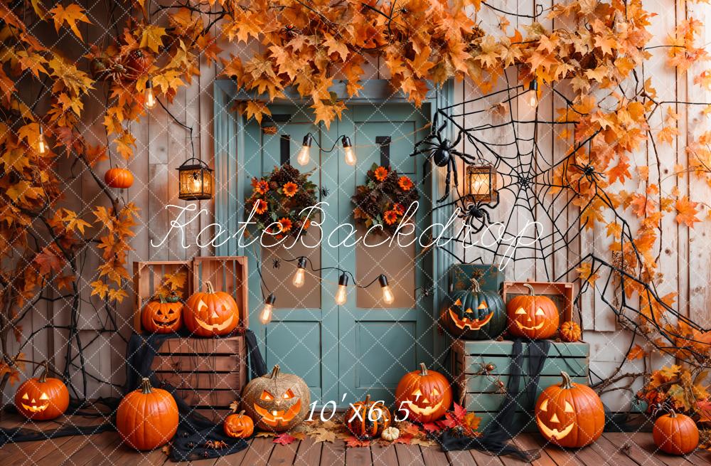 Kate Halloween Pumpkin Maple Blue Door Backdrop Designed by Emetselch -UK