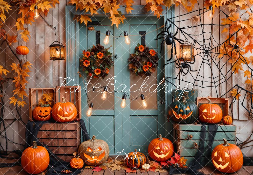 Kate Halloween Pumpkin Maple Blue Door Backdrop Designed by Emetselch -UK