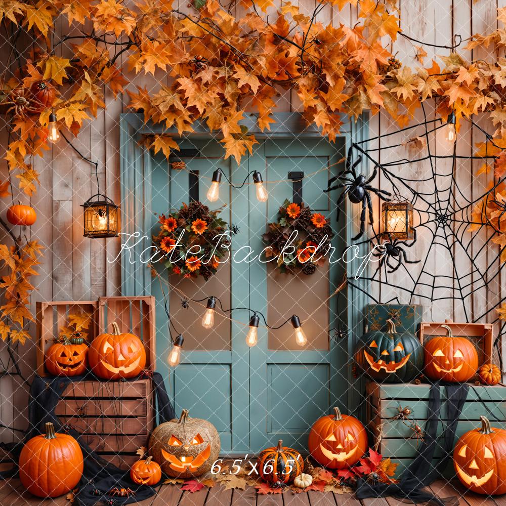 Kate Halloween Pumpkin Maple Blue Door Backdrop Designed by Emetselch -UK