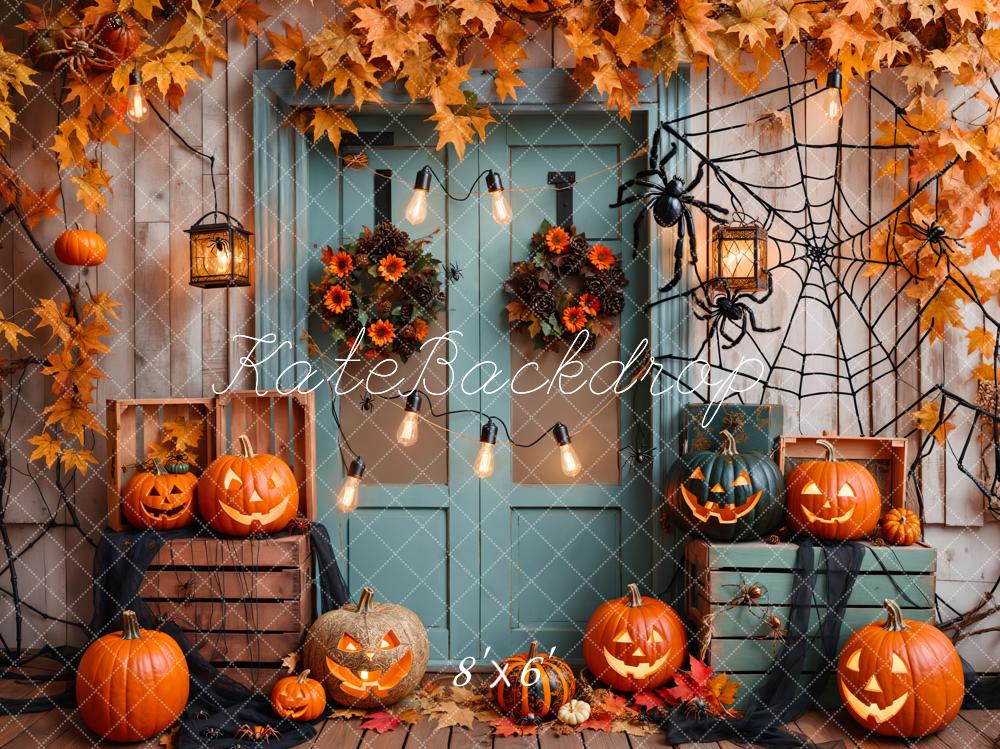 Kate Halloween Pumpkin Maple Blue Door Backdrop Designed by Emetselch -UK