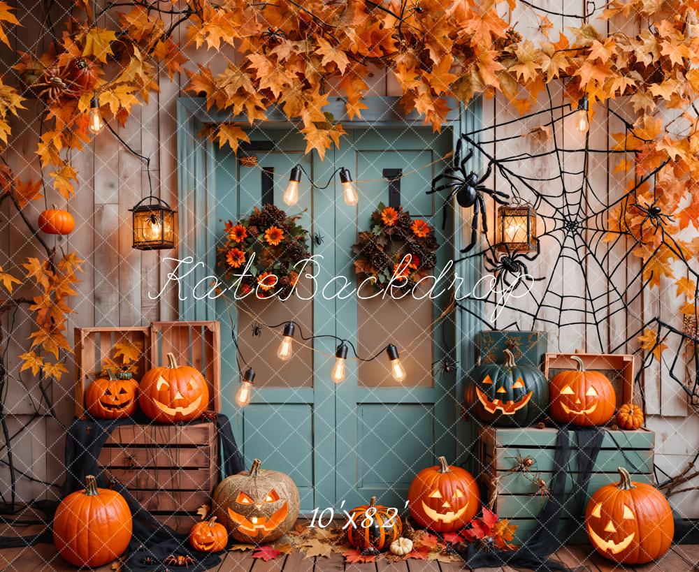 Kate Halloween Pumpkin Maple Blue Door Backdrop Designed by Emetselch -UK
