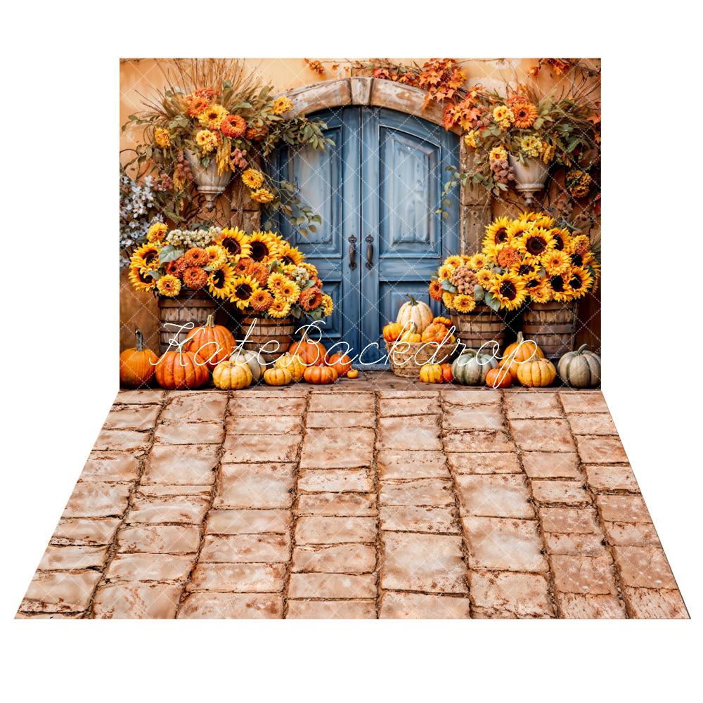 Kate Boho Sunflower Pumpkin Blue Arch Door Backdrop+Beige Path Floor Backdrop -UK