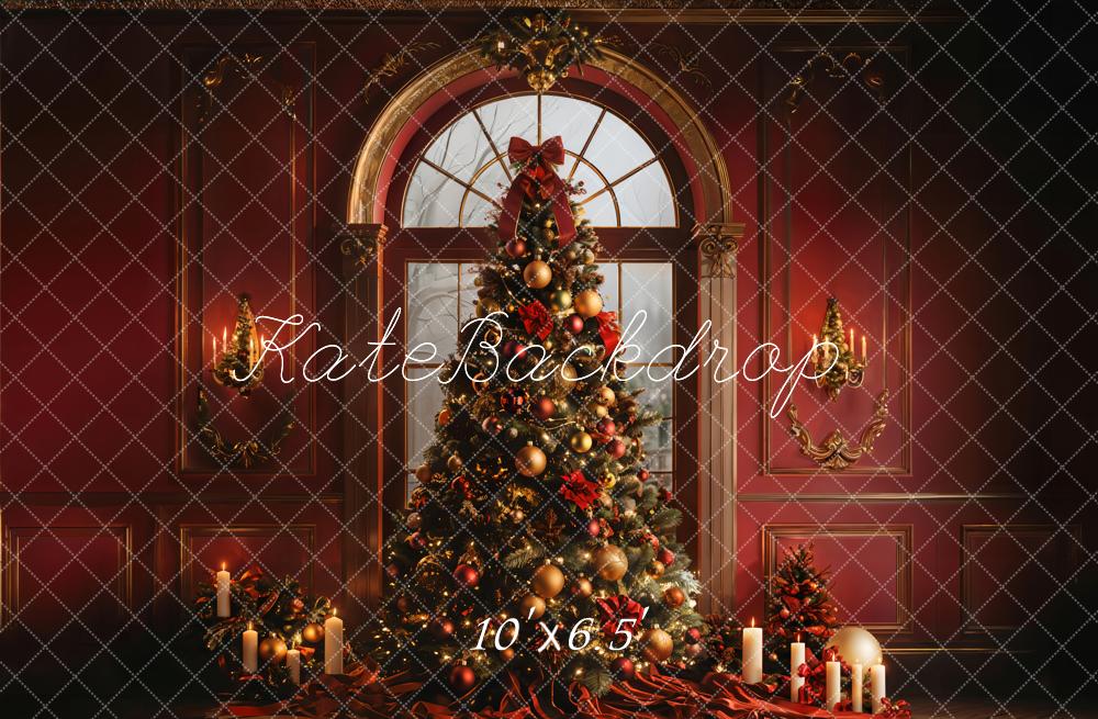Kate Christmas Tree Arched Window Red Wall Backdrop Designed by Emetselch