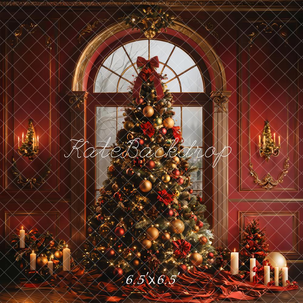 Kate Christmas Tree Arched Window Red Wall Backdrop Designed by Emetselch