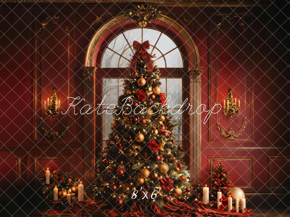 Kate Christmas Tree Arched Window Red Wall Backdrop Designed by Emetselch