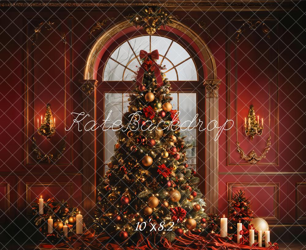 Kate Christmas Tree Arched Window Red Wall Backdrop Designed by Emetselch