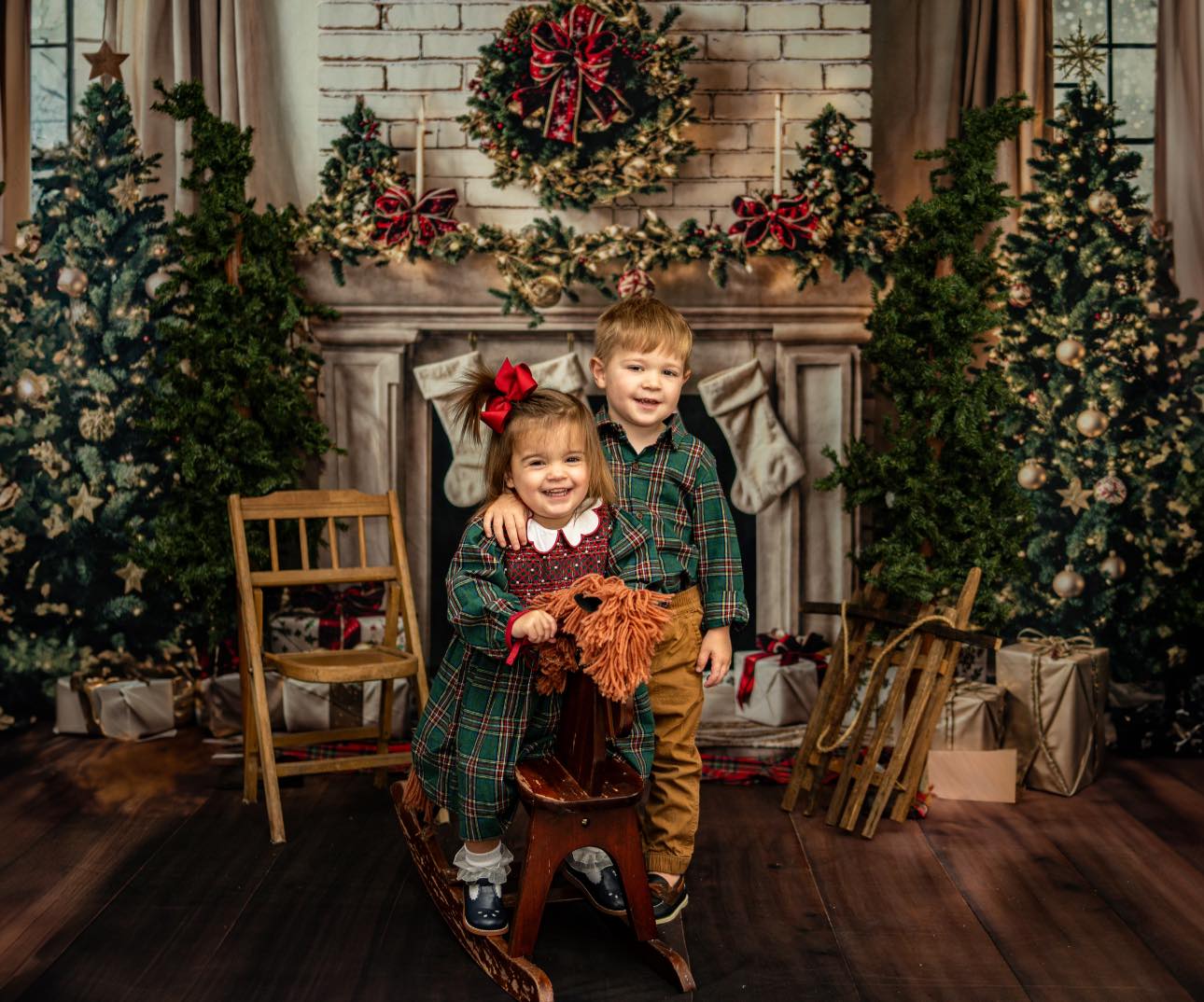Kate Christmas Tree White Fireplace Backdrop+Dark Brown Wooden Floor Backdrop -UK