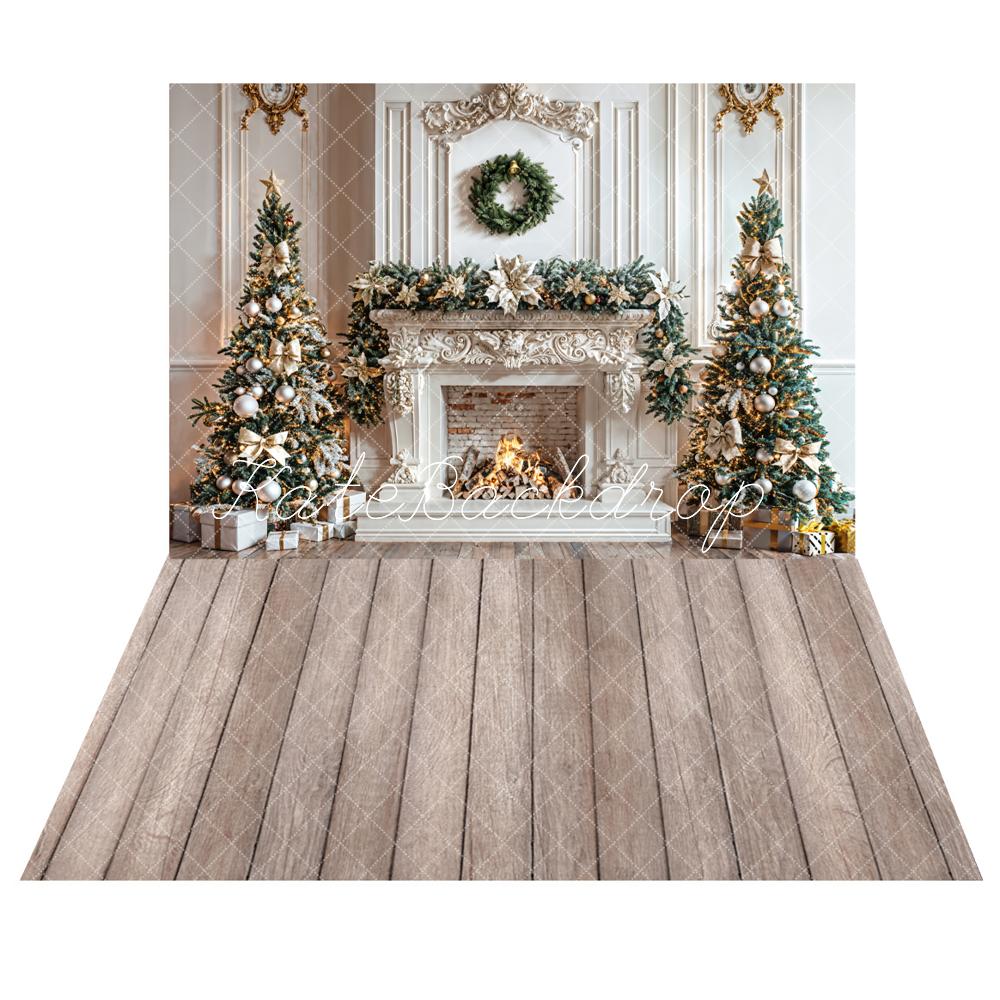 Kate Christmas White Wall Fireplace Backdrop +Light Brown Wooden Floor Backdrop -UK