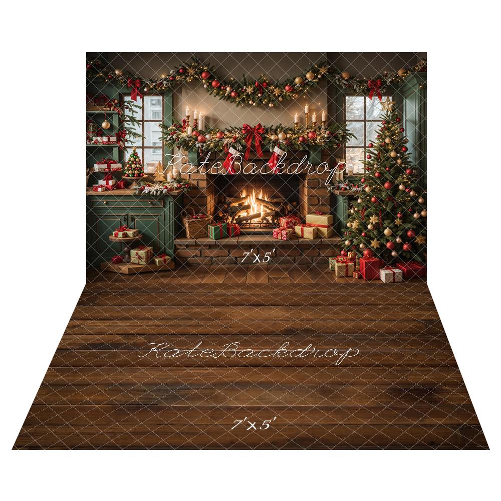 Kate Christmas Green Kitchen Fireplace Backdrop+Brown Wooden Floor Backdrop -UK