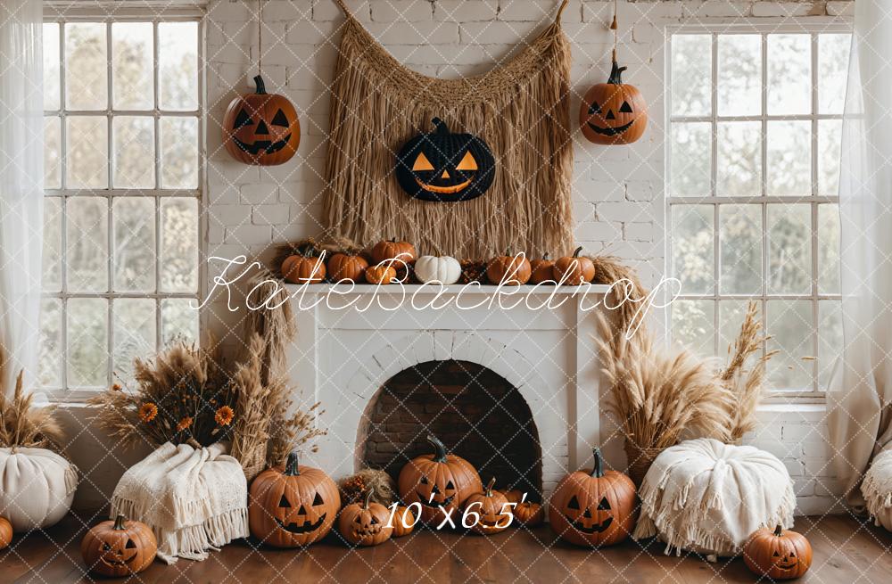 Kate Halloween Pumpkin White Fireplace Boho Backdrop Designed by Emetselch -UK