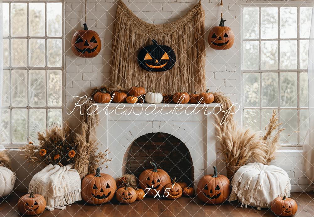 Kate Halloween Pumpkin White Fireplace Boho Backdrop Designed by Emetselch -UK