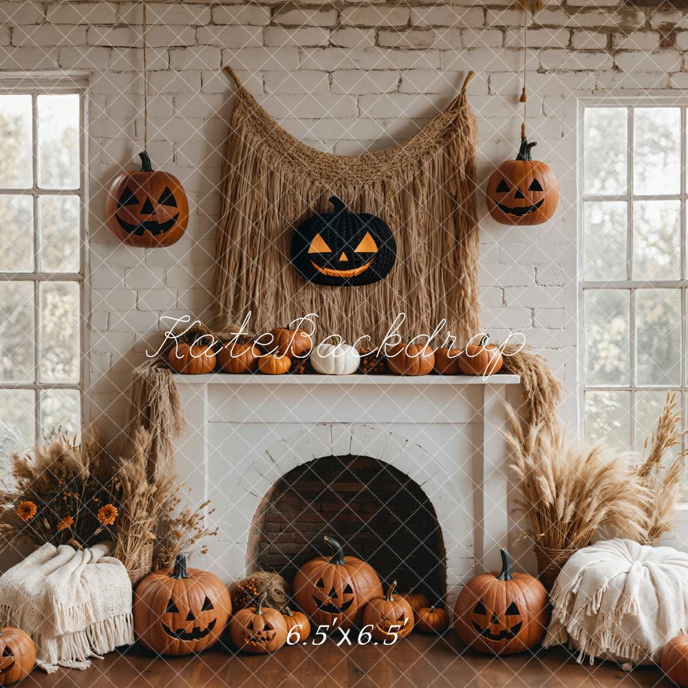 Kate Halloween Pumpkin White Fireplace Boho Backdrop Designed by Emetselch -UK
