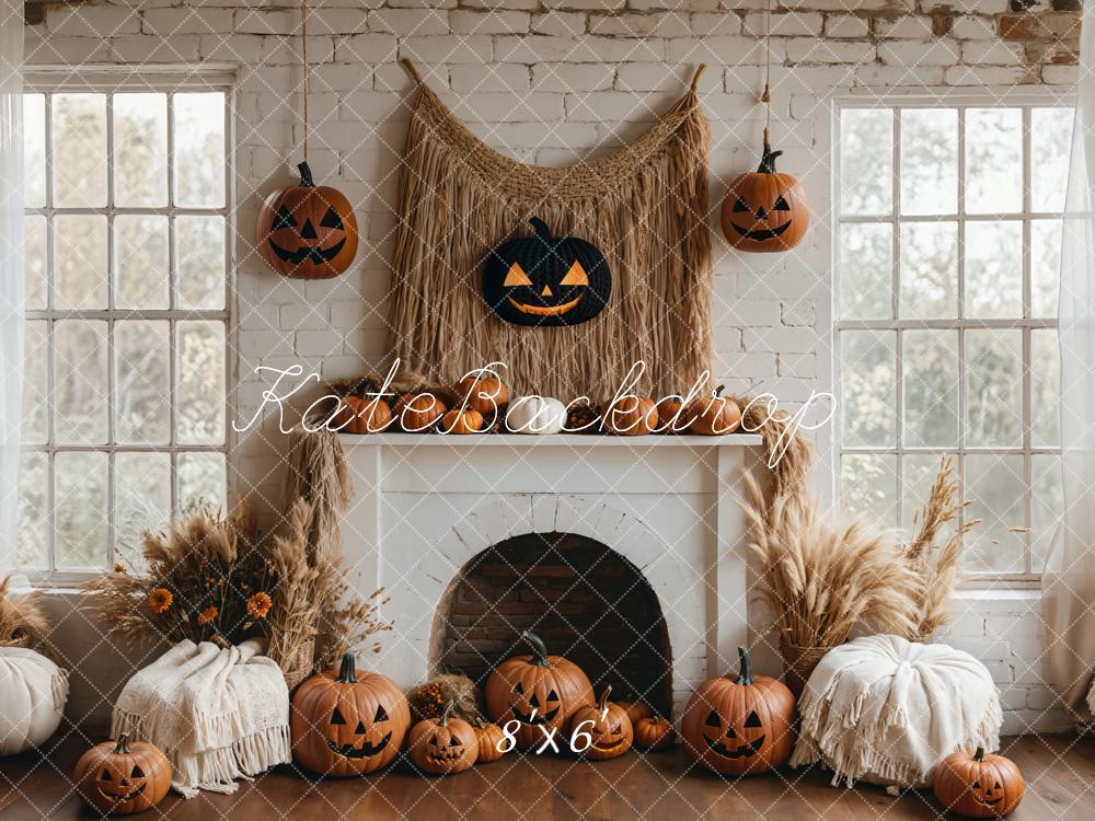 Kate Halloween Pumpkin White Fireplace Boho Backdrop Designed by Emetselch -UK